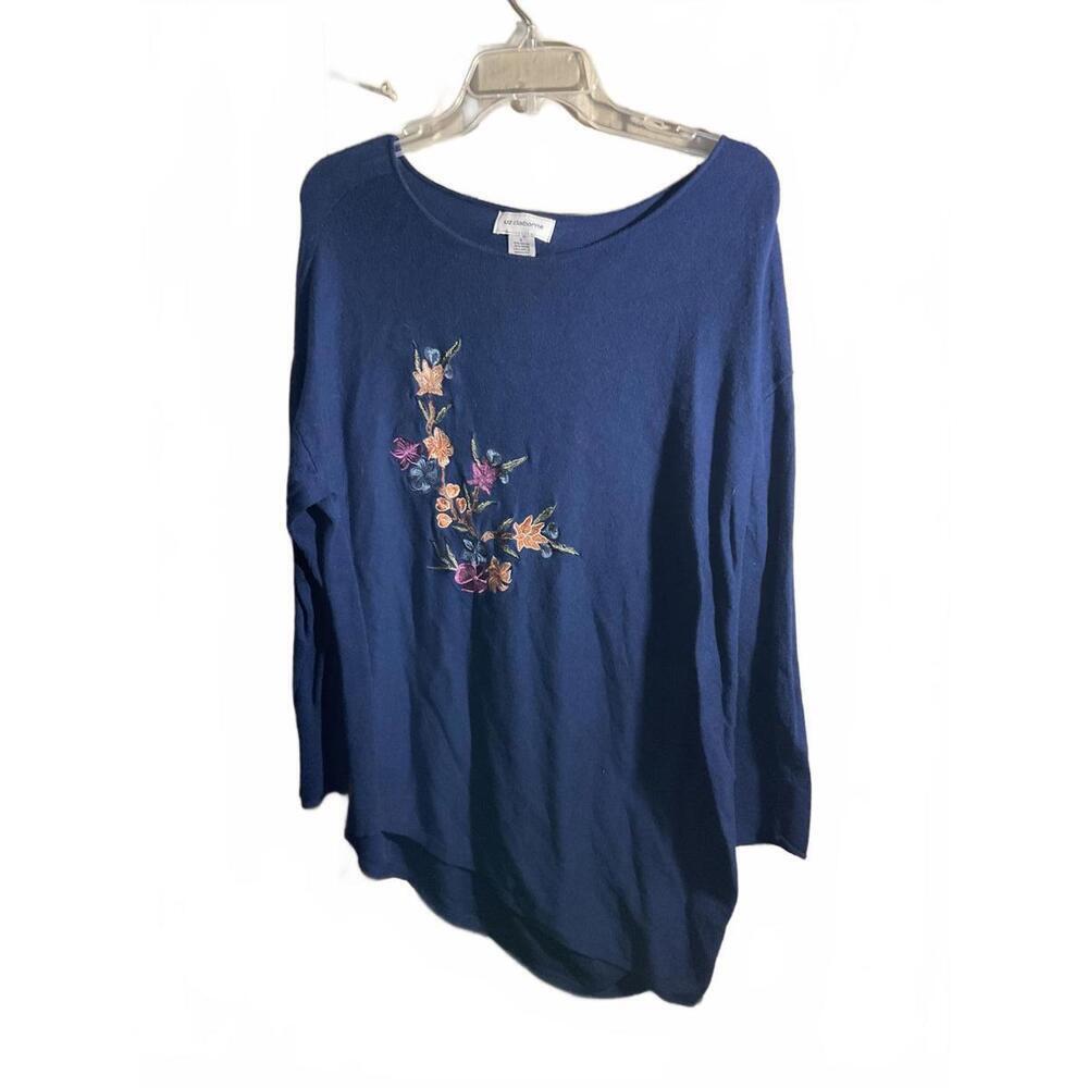 Liz Claiborne Embroidered Sweater Blue Floral Design Large